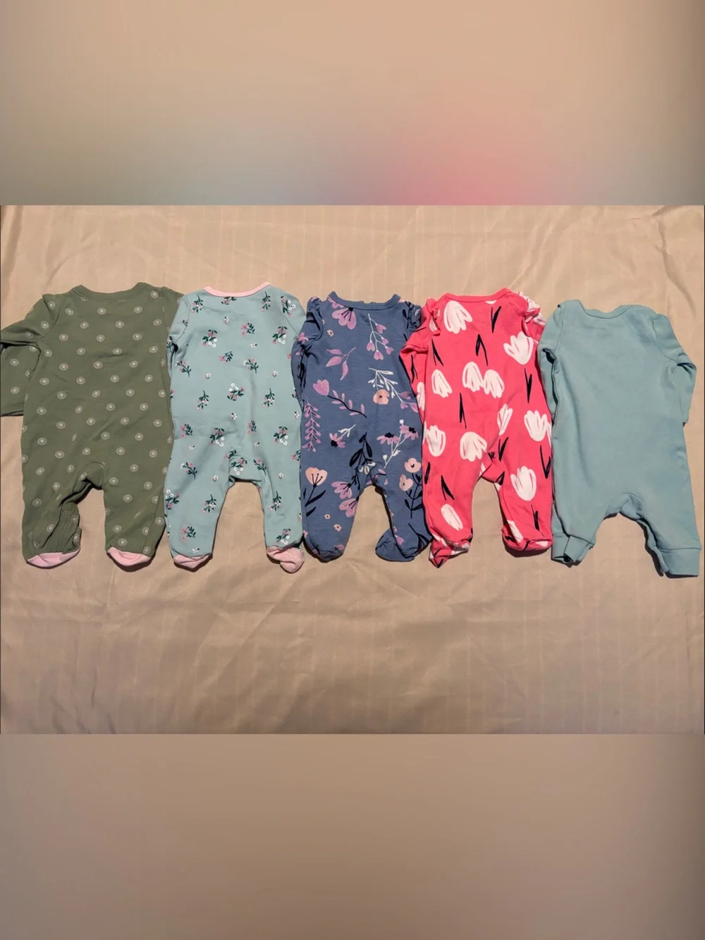 Carter's Baby One-Piece Footies in Green, Light Blue, Navy, Coral Pink, and Teal